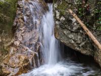 Wolfsschlucht - Kleine Wasserfallstufe zwischen Felsen im unteren Schluchtteil am Rückweg